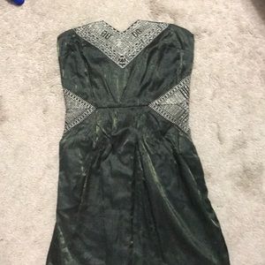 Green and gold strapless dress